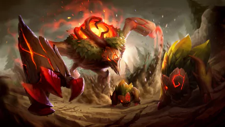 HD PC desktop wallpaper featuring volcanic-themed characters from the video game League of Legends in a dynamic battle scene.