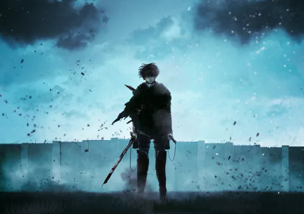 HD desktop wallpaper featuring Levi Ackerman from Attack on Titan, standing in front of a wall with a blood-stained sword and wearing boots. The atmosphere is dark and intense, with a stormy sky overhead.