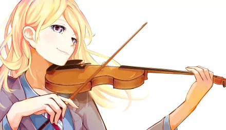 An HD desktop wallpaper featuring Kaori Miyazono from the anime Your Lie in April, showcasing her playing the violin with a joyful expression.