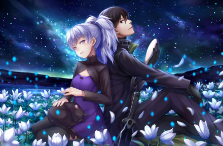 Image featuring Hei and Yin from Darker Than Black seated back-to-back amidst glowing flowers under a starry sky, creating a captivating anime wallpaper.