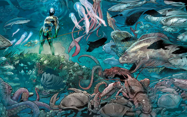 4K Ultra HD PC wallpaper featuring DC Comics' Aquaman standing underwater surrounded by diverse marine life in a vibrant comic-style scene.