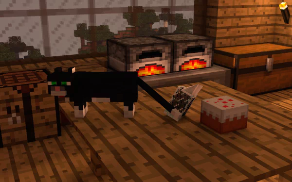 HD desktop wallpaper featuring a Minecraft scene with an ocelot (cat) standing beside a cake and bucket of milk on a wooden floor, accompanied by furnaces and a chest, depicting a cozy in-game house setting.