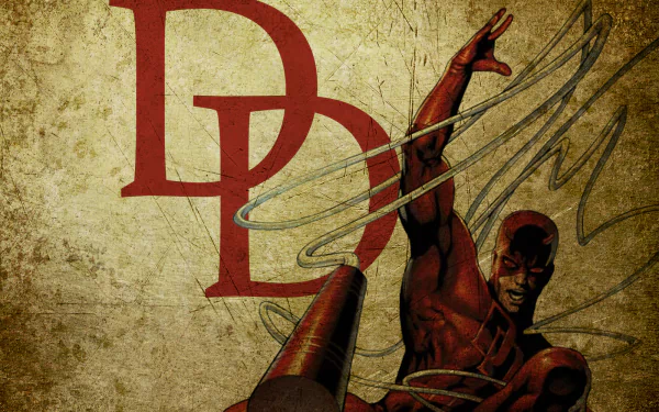 Comic-style Daredevil in a red suit leaping with billy club cords before a distressed DD logo — HD PC desktop wallpaper/background.