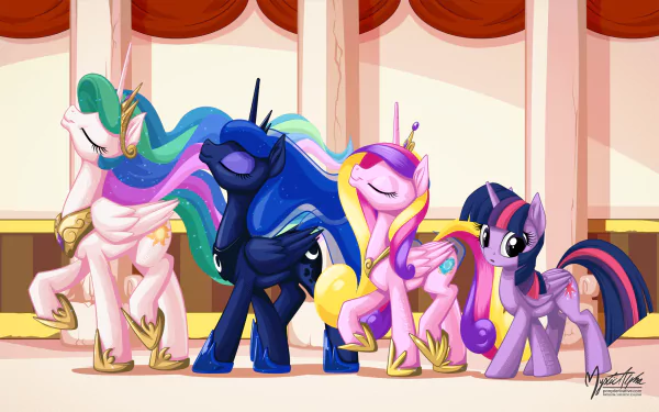 HD desktop wallpaper featuring Princess Cadance, Princess Luna, Princess Celestia, and Twilight Sparkle from the TV show My Little Pony: Friendship Is Magic.