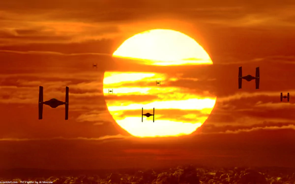 HD desktop wallpaper featuring TIE Fighters flying across a dramatic sunset, inspired by Star Wars Episode VII: The Force Awakens. The image combines movie elements with a striking natural background.