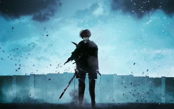 HD desktop wallpaper featuring Levi Ackerman from Attack on Titan, standing in front of a wall with a blood-stained sword and wearing boots. The atmosphere is dark and intense, with a stormy sky overhead.