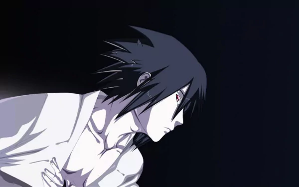 Sasuke Uchiha from the anime Naruto is depicted in this HD desktop wallpaper, showcasing a dramatic pose against a dark background, highlighting his intense character.