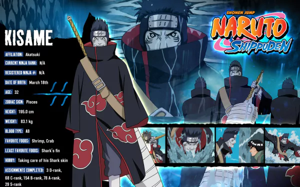 A stunning HD desktop wallpaper featuring Kisame Hoshigaki from the anime Naruto, showcasing his iconic look and character details against a vivid blue background.