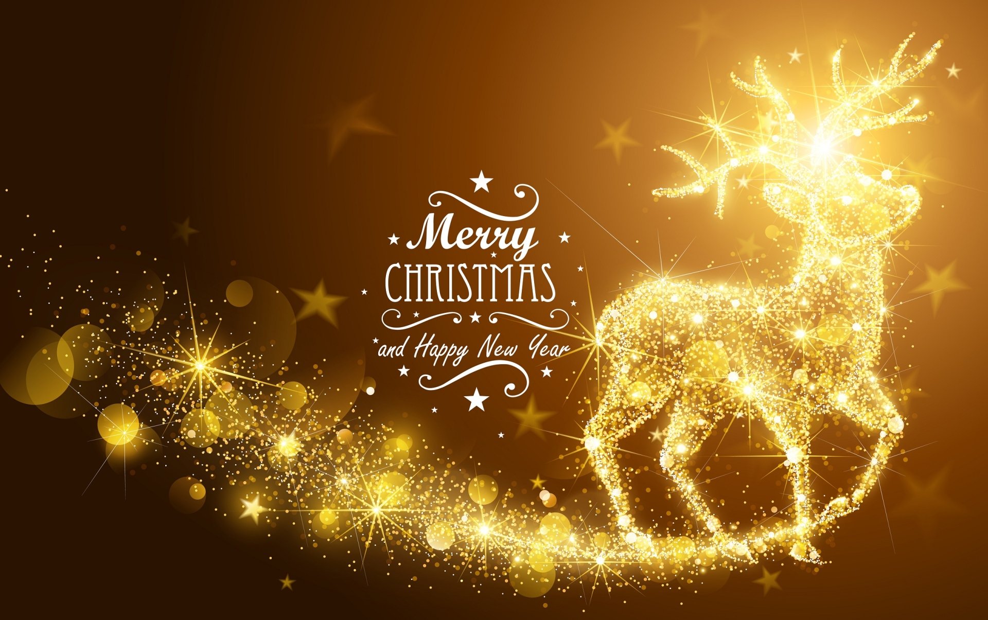 A sparkling golden deer adorned with festive lights accompanies the message Merry Christmas and Happy New Year against a warm background, creating a cheerful holiday scene.