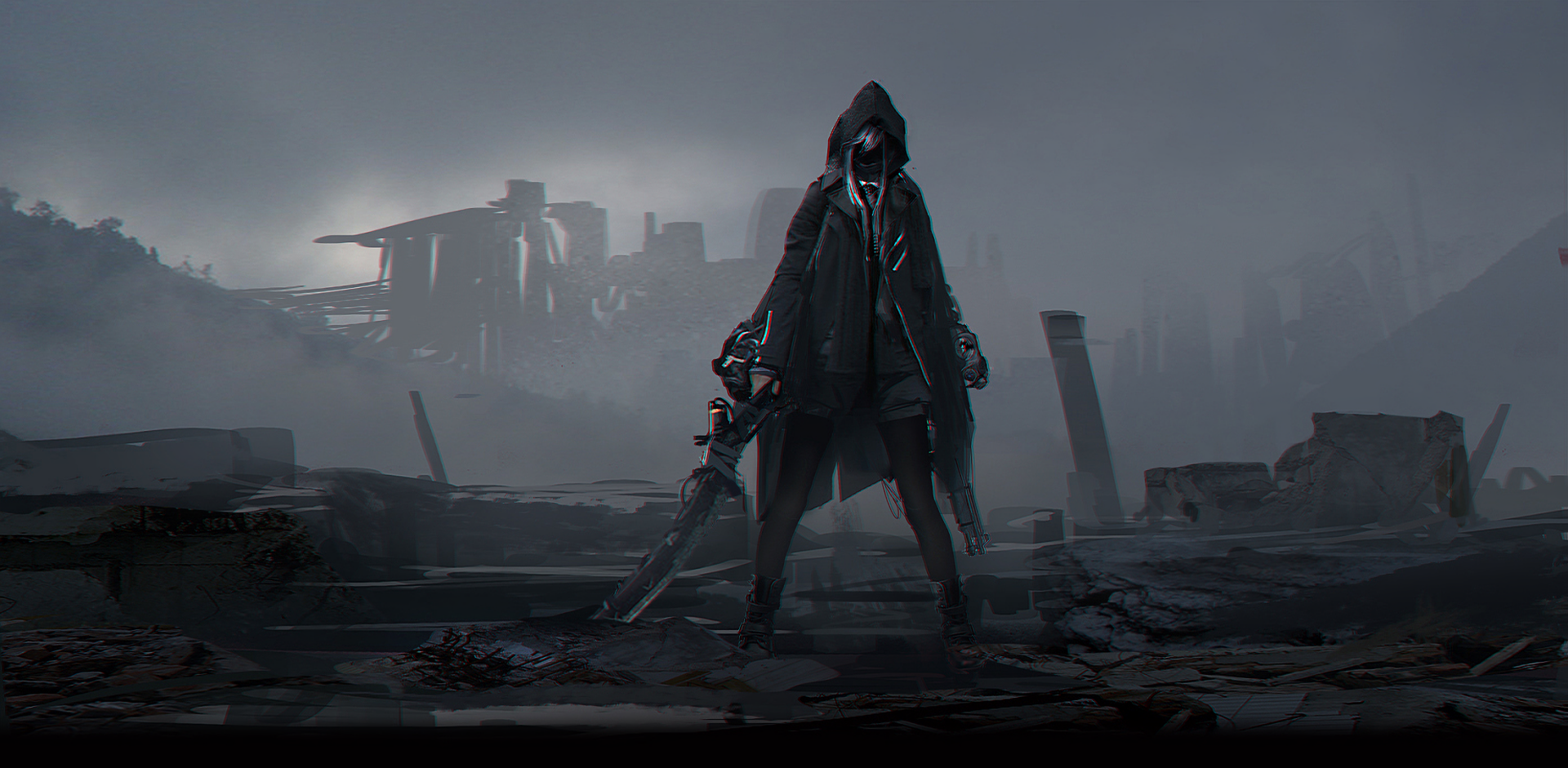 A dark fantasy warrior stands confidently in a desolate landscape, wielding a sword and shrouded in a hooded cloak, embodying strength and mystery amidst ruins.
