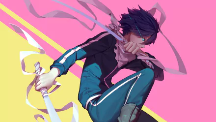 Anime character Yato from Noragami with black hair and blue eyes, holding a sword. The HD wallpaper features a vibrant background with pink and yellow hues, highlighting the dynamic pose and weapon.