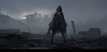 A dark fantasy warrior stands confidently in a desolate landscape, wielding a sword and shrouded in a hooded cloak, embodying strength and mystery amidst ruins.