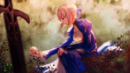 A serene HD wallpaper featuring Saber from the Fate Series, depicted in an ethereal setting, gracefully holding a rose among blooming flowers.