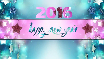 HD PC desktop wallpaper: glittery pink 2016 over turquoise bokeh, happy new year script across the center with decorative stars and snowflakes — New Year holiday background.