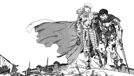 Black and white HD anime wallpaper featuring Guts and Griffith from Berserk, with detailed armor and a dramatic battlefield background.