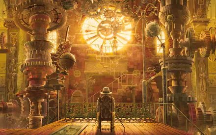 A steampunk-inspired scene featuring a figure seated in a grand room filled with intricate machinery and glowing gears, bathed in warm light, creating a captivating sci-fi atmosphere.