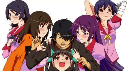 HD desktop wallpaper featuring characters from Monogatari: Mayoi Hachikuji, Suruga Kanbaru, Hitagi Senjōgahara, Koyomi Araragi, Nadeko Sengoku, and Tsubasa Hanekawa.