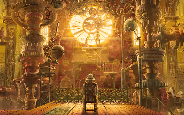 A steampunk-inspired scene featuring a figure seated in a grand room filled with intricate machinery and glowing gears, bathed in warm light, creating a captivating sci-fi atmosphere.