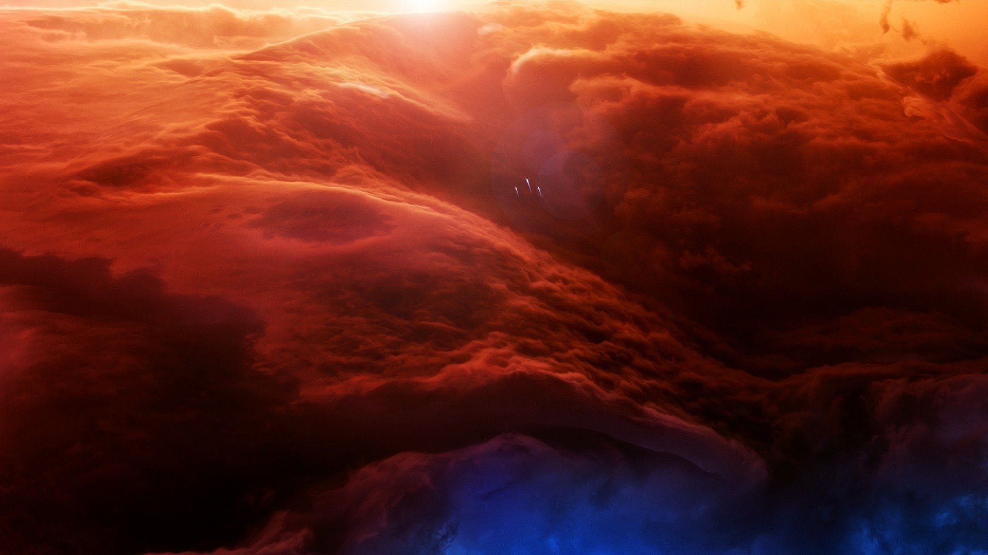 A stunning sci-fi landscape featuring dramatic clouds illuminated by a vivid sunset, creating a surreal and immersive atmosphere for a HD PC desktop wallpaper or background.