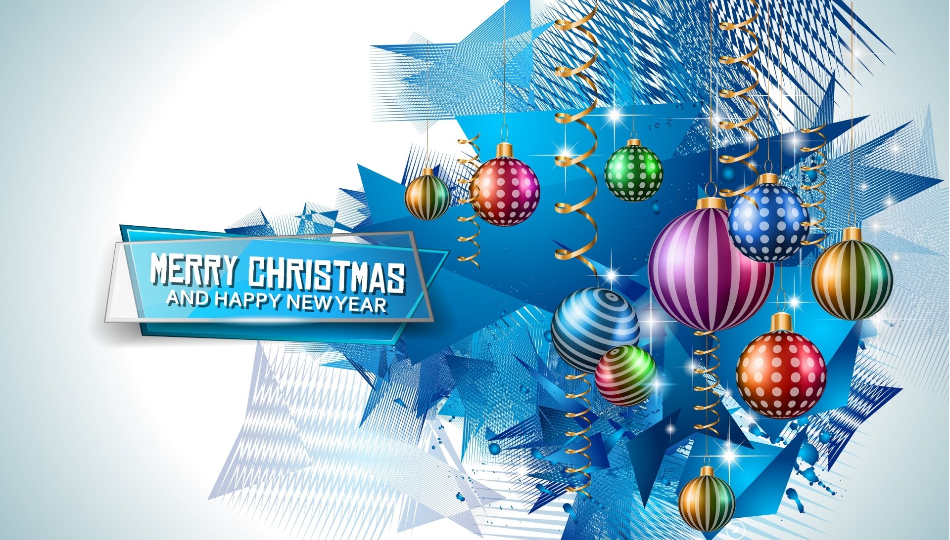 Colorful Christmas ornaments and festive decorations on a blue abstract background with Merry Christmas and Happy New Year text, vibrant holiday PC wallpaper.