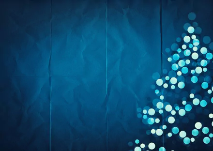 Minimalist blue Christmas tree composed of glowing dots on a textured blue background, designed as an HD PC desktop holiday wallpaper.