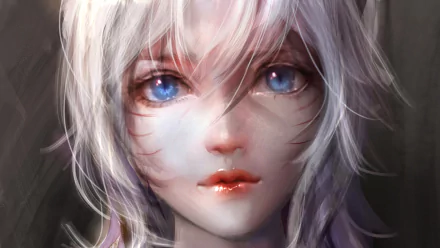 HD desktop wallpaper featuring Ahri from League of Legends, with a close-up of her ethereal face showcasing her vivid blue eyes and white hair.