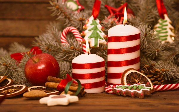 Holiday Christmas Christmas Ornaments Candy Cane Gingerbread Cookie Candle Apple Cinnamon HD Wallpaper | Background Image