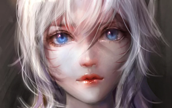 HD desktop wallpaper featuring Ahri from League of Legends, with a close-up of her ethereal face showcasing her vivid blue eyes and white hair.