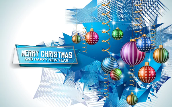 Colorful Christmas ornaments and festive decorations on a blue abstract background with Merry Christmas and Happy New Year text, vibrant holiday PC wallpaper.
