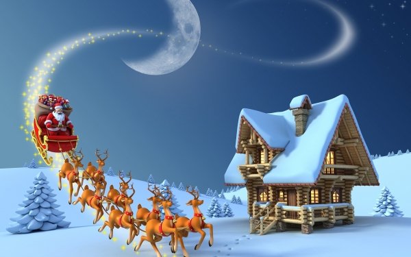 Holiday Christmas Santa Sleigh Reindeer Gift CGI 3D Moon HD Wallpaper | Background Image