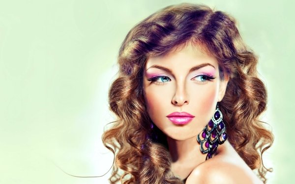 Women Beautiful Face Brunette Blue Eyes Earrings Lipstick Hair HD Wallpaper | Background Image