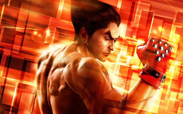 Kazuya Mishima from Tekken 5 strikes a powerful pose against a vibrant, fiery background, creating an intense HD desktop wallpaper.