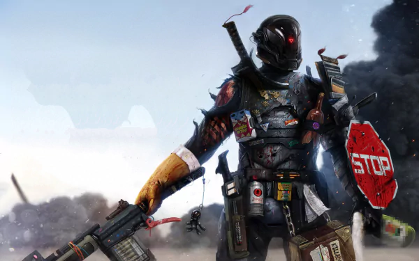 HD PC desktop wallpaper featuring a comic-style bounty hunter from Last Man Standing: Killbook of a Bounty Hunter, armed and wearing futuristic armor with a stop sign.