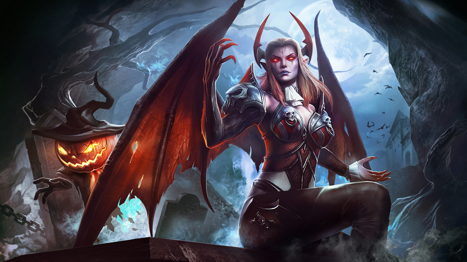 Download Dark Horns Wings Pumpkin Fantasy Succubus HD Wallpaper by Yuan Cui