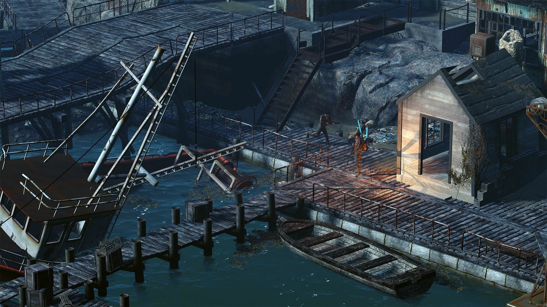 HD PC desktop wallpaper featuring a detailed waterfront scene from the video game Fallout 4, showcasing docks, boats, and characters in a post-apocalyptic setting.