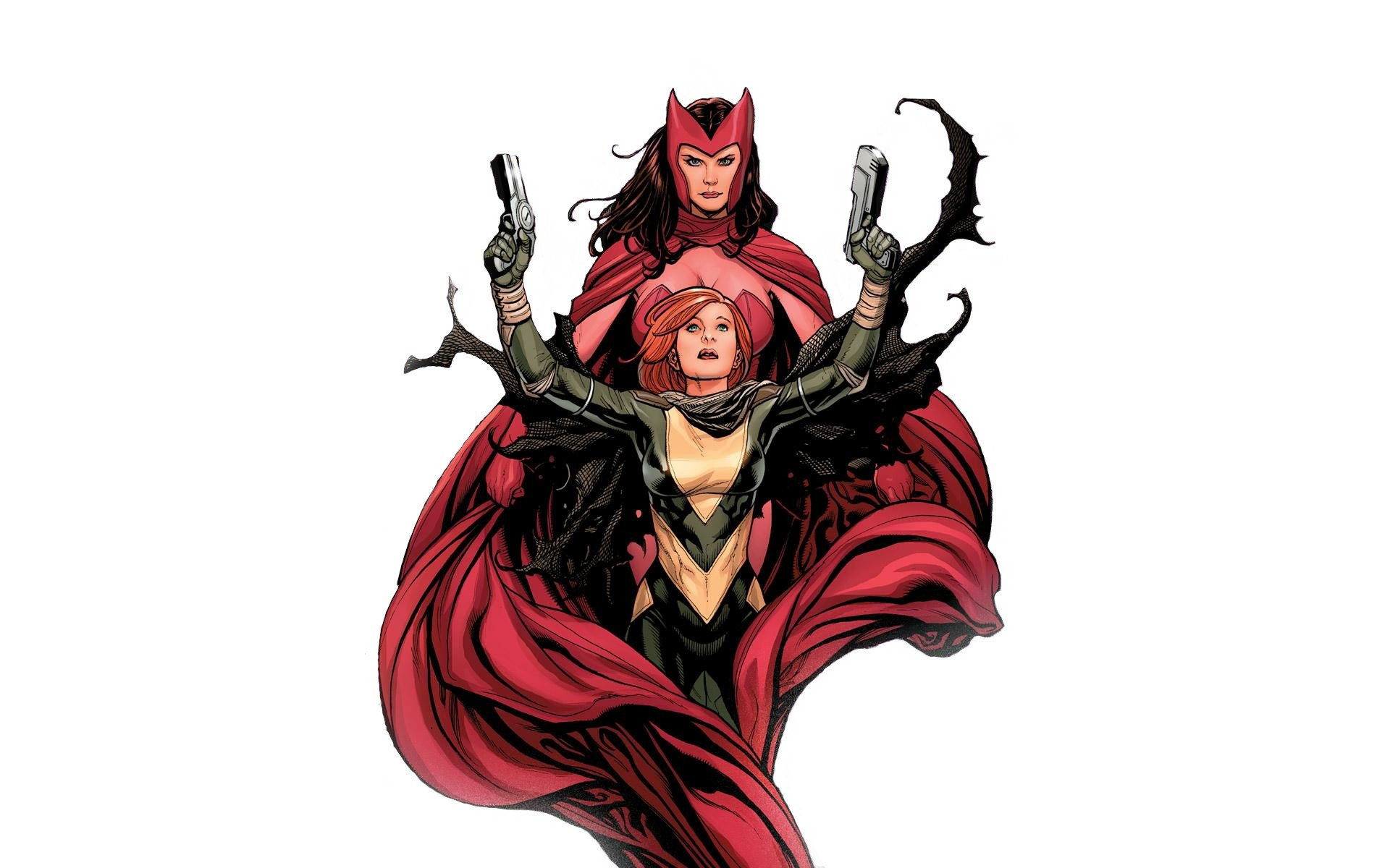 HD desktop wallpaper featuring Hope Summers and Scarlet Witch from Avengers comics in dynamic, powerful poses with flowing red costumes.