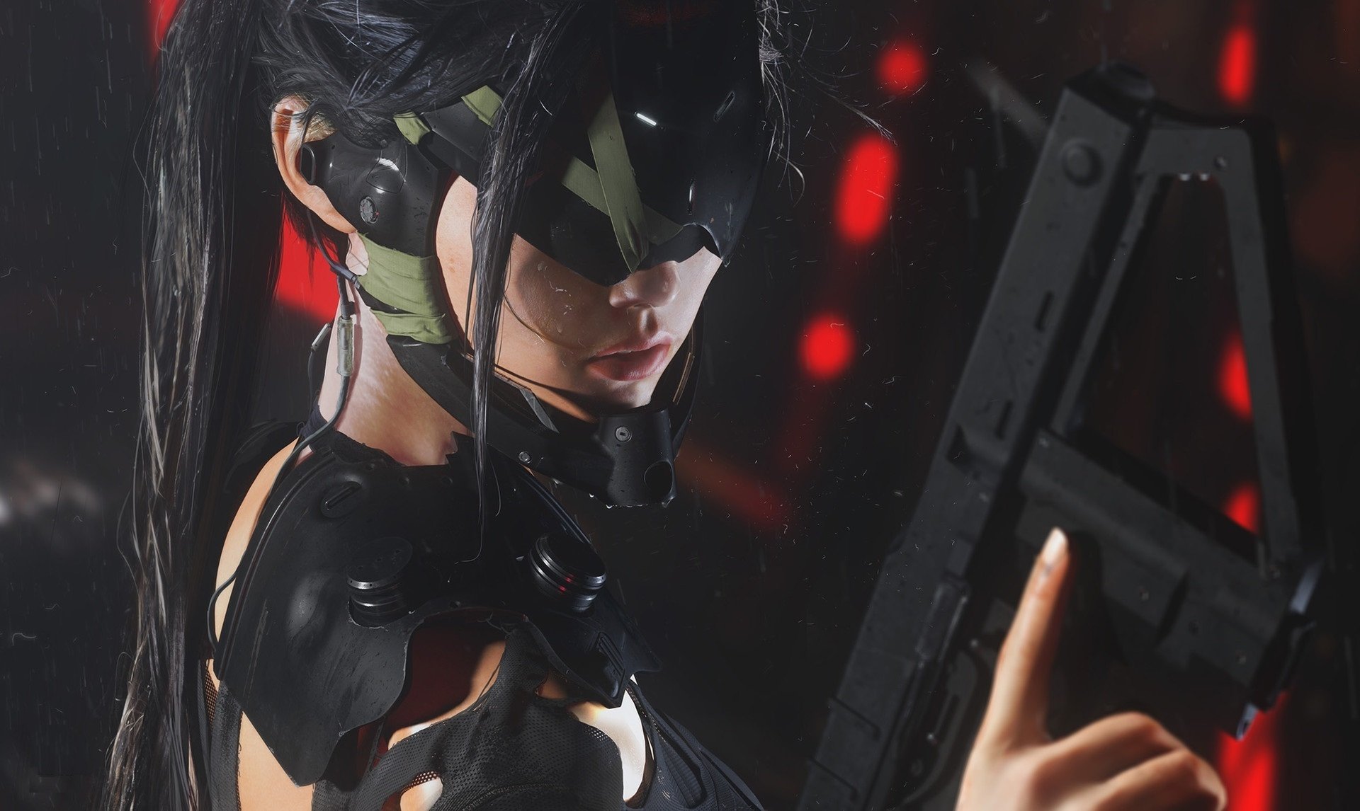 A fierce woman warrior stands confidently with a gun, set against a vibrant sci-fi backdrop. This HD image serves as an impressive desktop wallpaper.