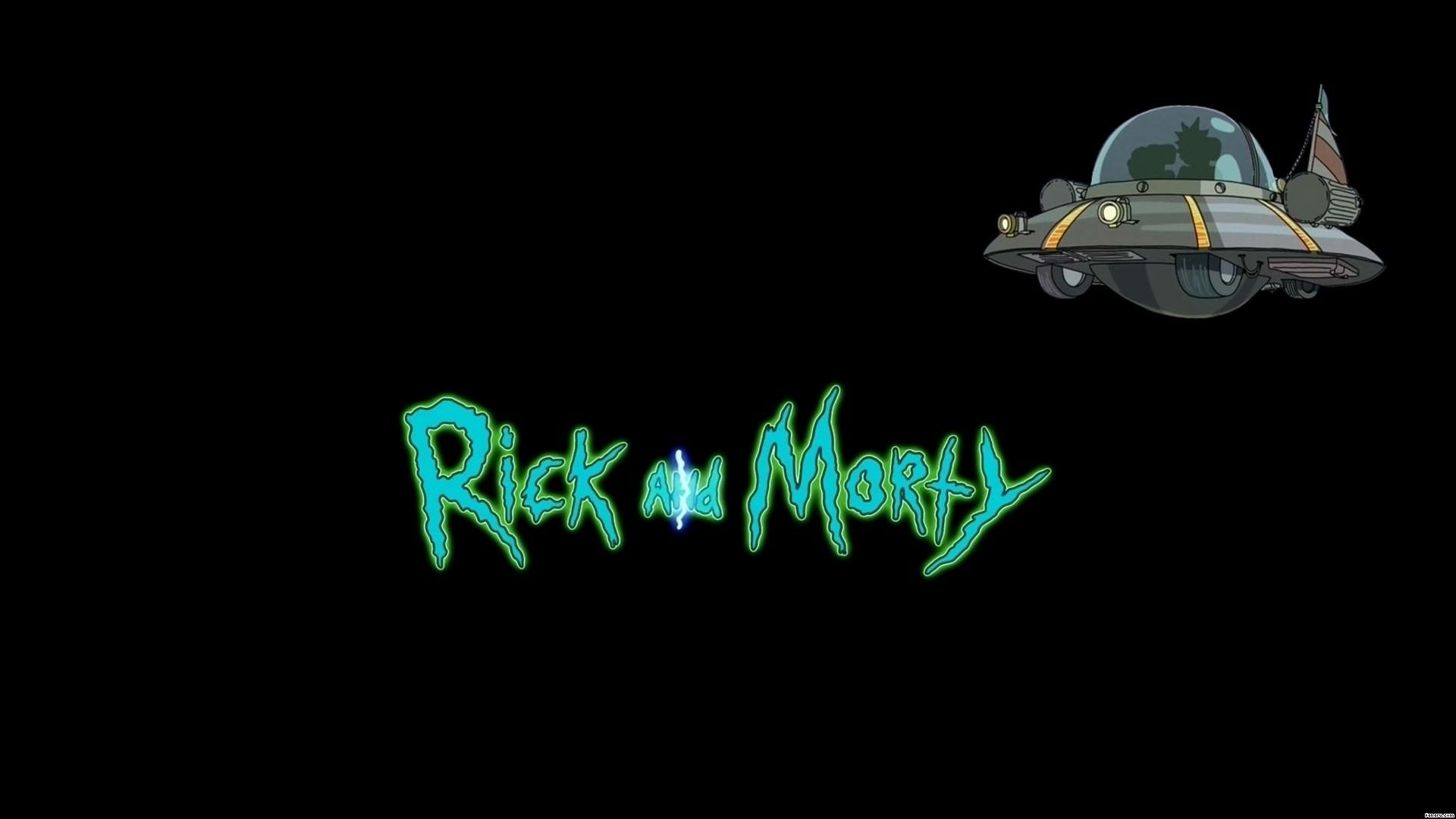 Rick and Morty TV show logo centered on a black background with their spaceship in the upper-right, HD PC desktop wallpaper