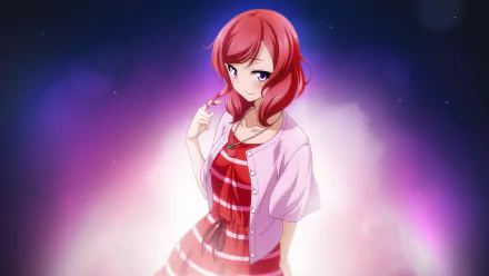 Maki Nishikino from Love Live! stands confidently, radiating charm against a vibrant background. This HD desktop wallpaper captures her captivating presence beautifully.