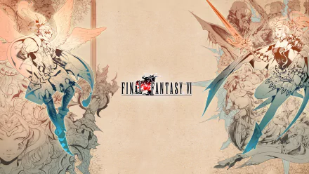 HD PC desktop wallpaper featuring detailed, artistic characters from the video game Final Fantasy VI with the game’s logo centered on a beige textured background.