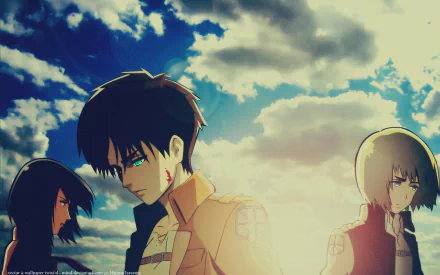 HD wallpaper featuring Armin Arlert, Mikasa Ackerman, and Eren Yeager from the anime Attack on Titan, set against a dramatic sky backdrop.