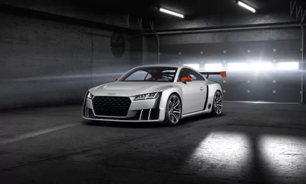 Silver Audi TT supercar parked in a dimly lit garage, captured in stunning 4K Ultra HD detail for a PC desktop wallpaper and background.