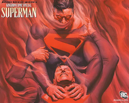 Kingdom Come Superman comic HD PC desktop wallpaper: red-toned image of an imposing Superman with glowing S emblem looming over a struggling man amid swirling flames.