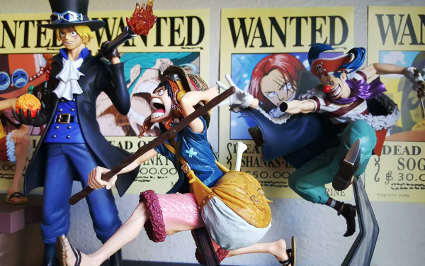 A dynamic scene featuring Buggy, Sabo, and Monkey D. Luffy from One Piece, set against a backdrop of 'Wanted' posters, showcased in vibrant 4K Ultra HD detail.