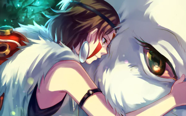 A captivating HD desktop wallpaper featuring a character from Princess Mononoke, gently embracing a large white wolf in a lush, mystical setting.