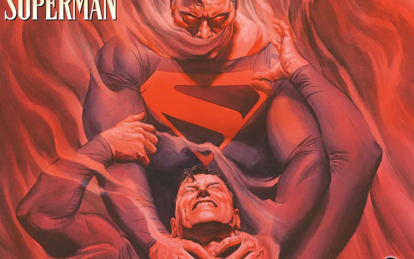 Kingdom Come Superman comic HD PC desktop wallpaper: red-toned image of an imposing Superman with glowing S emblem looming over a struggling man amid swirling flames.