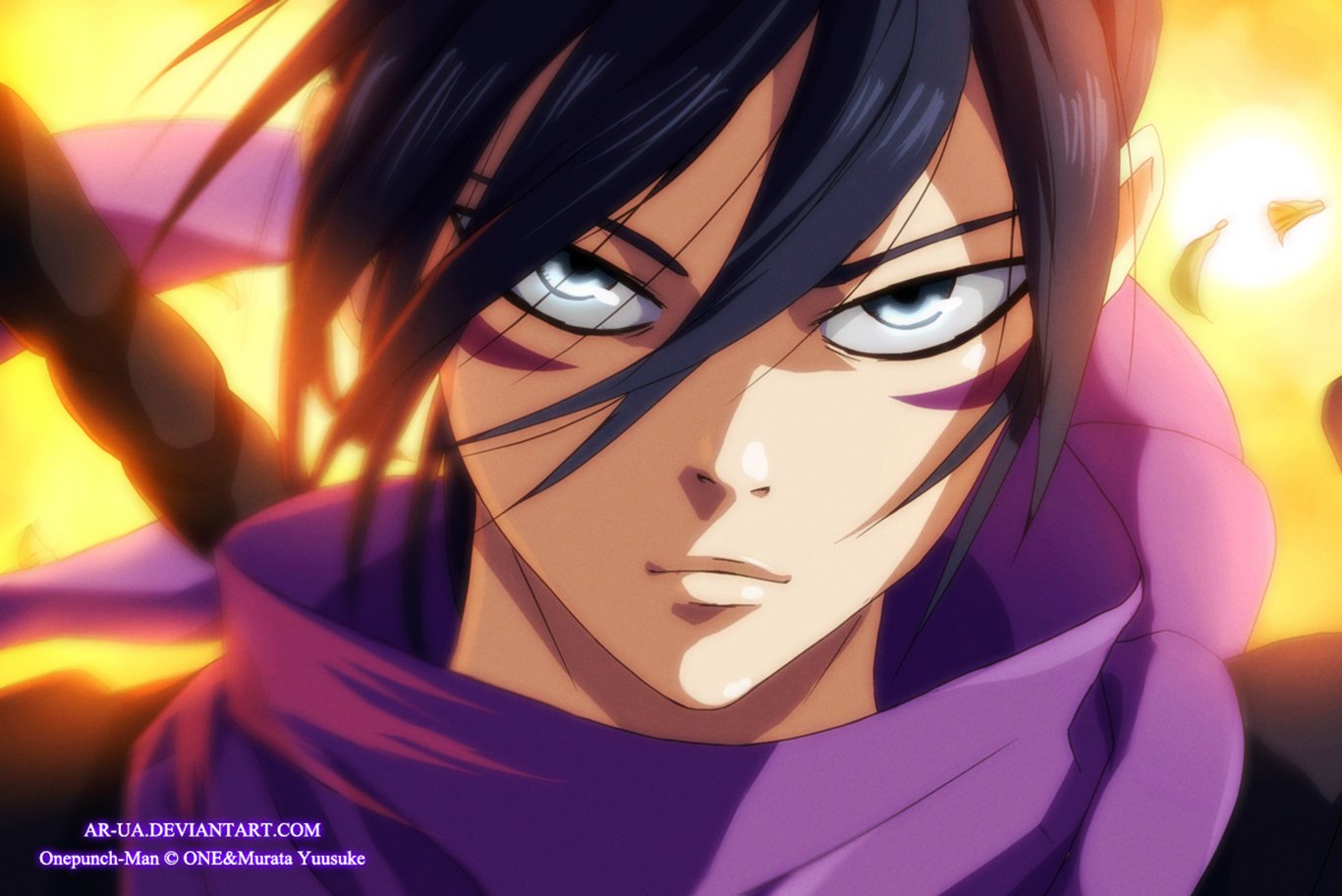 HD wallpaper featuring Sonic from One-Punch Man, showcasing his intense expression and distinctive style against a dynamic background. A striking anime art piece.