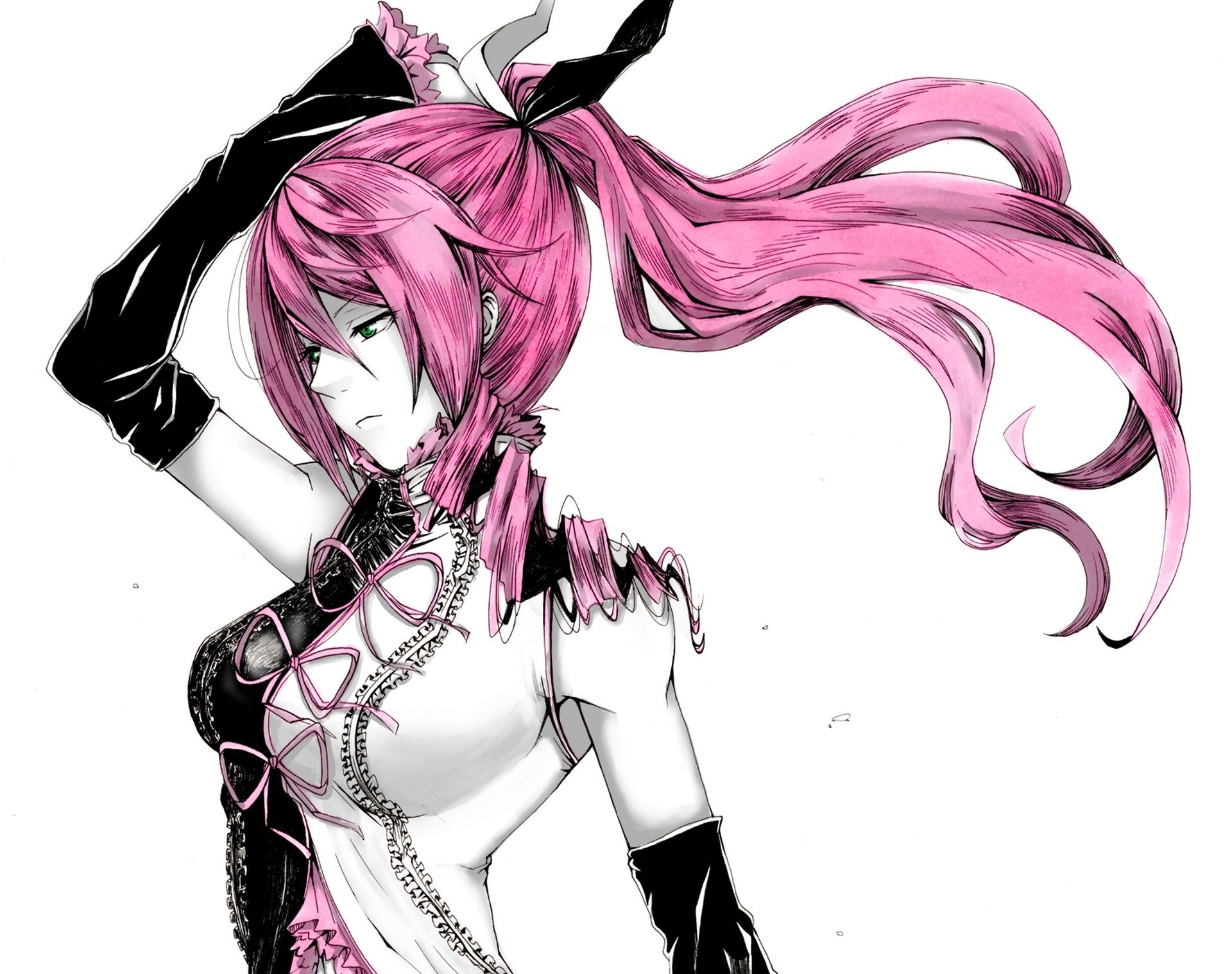 Anime character Luka Megurine with long pink hair, styled in a ponytail, stands in a striking pose. This HD wallpaper captures her unique Vocaloid aesthetic.