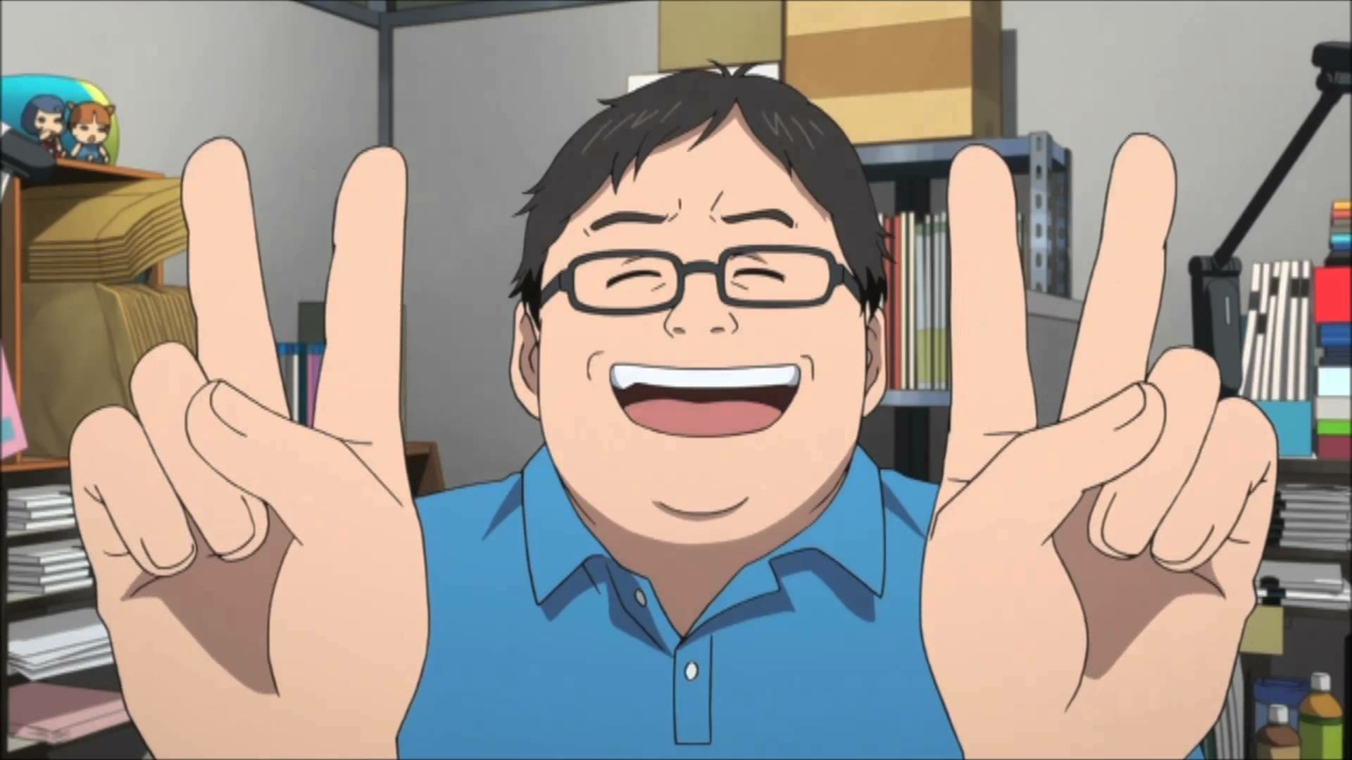 HD desktop wallpaper featuring a cheerful character from Shirobako anime, making peace signs with both hands.