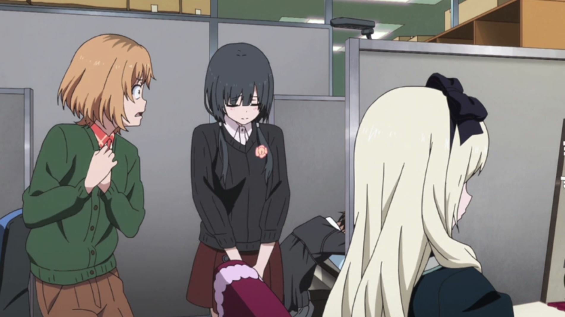 HD desktop wallpaper featuring characters from Shirobako in a casual office setting.